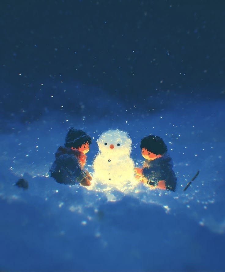 January artwork: kids with a glowing snowman
