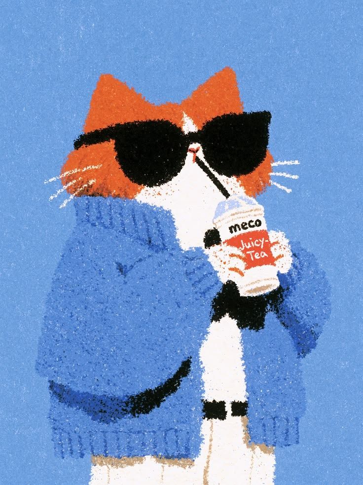 February artwork: a cat in a blue sweater