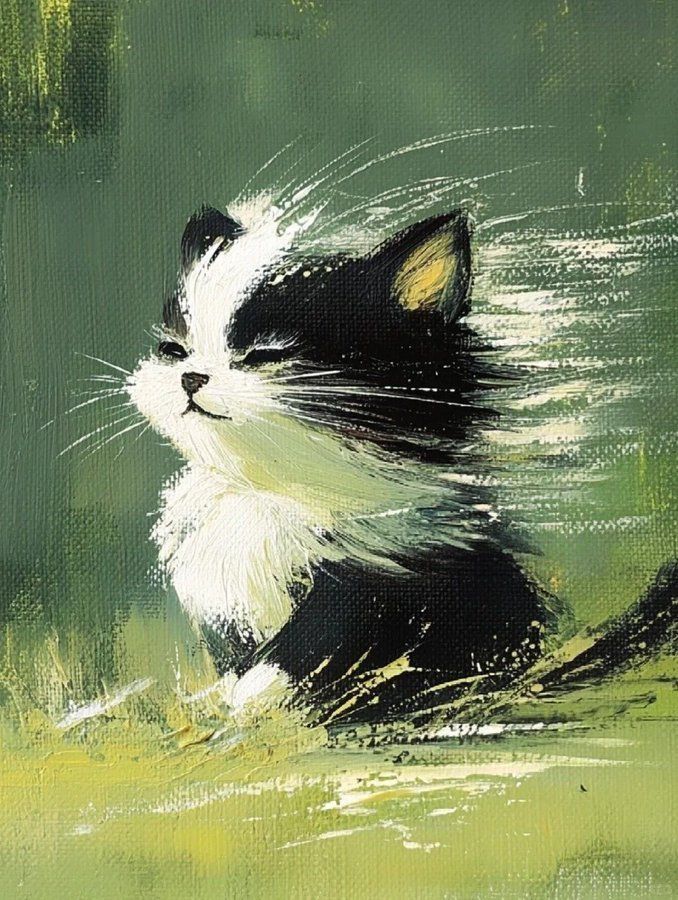 April artwork: a windswept cat on green