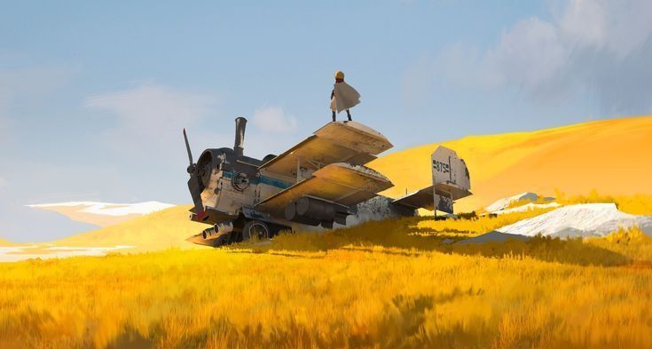September artwork: a golden field and an old plane