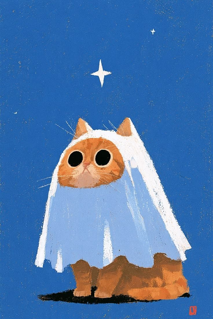 October artwork: a ghost cat on blue